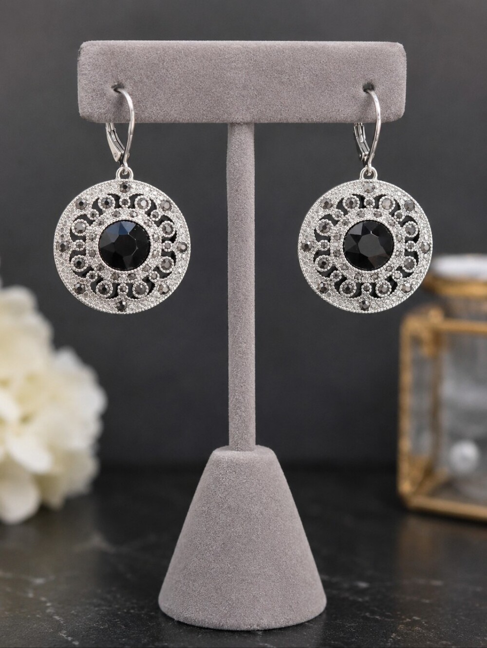 Vintage Black Crystal Marcasite Halo Leverback Drop Earrings Silver Tone